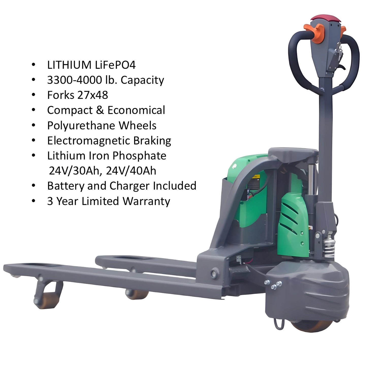 EKKO EP20Li electric pallet jack with lithium LiFePO4 battery and polyurethane wheels