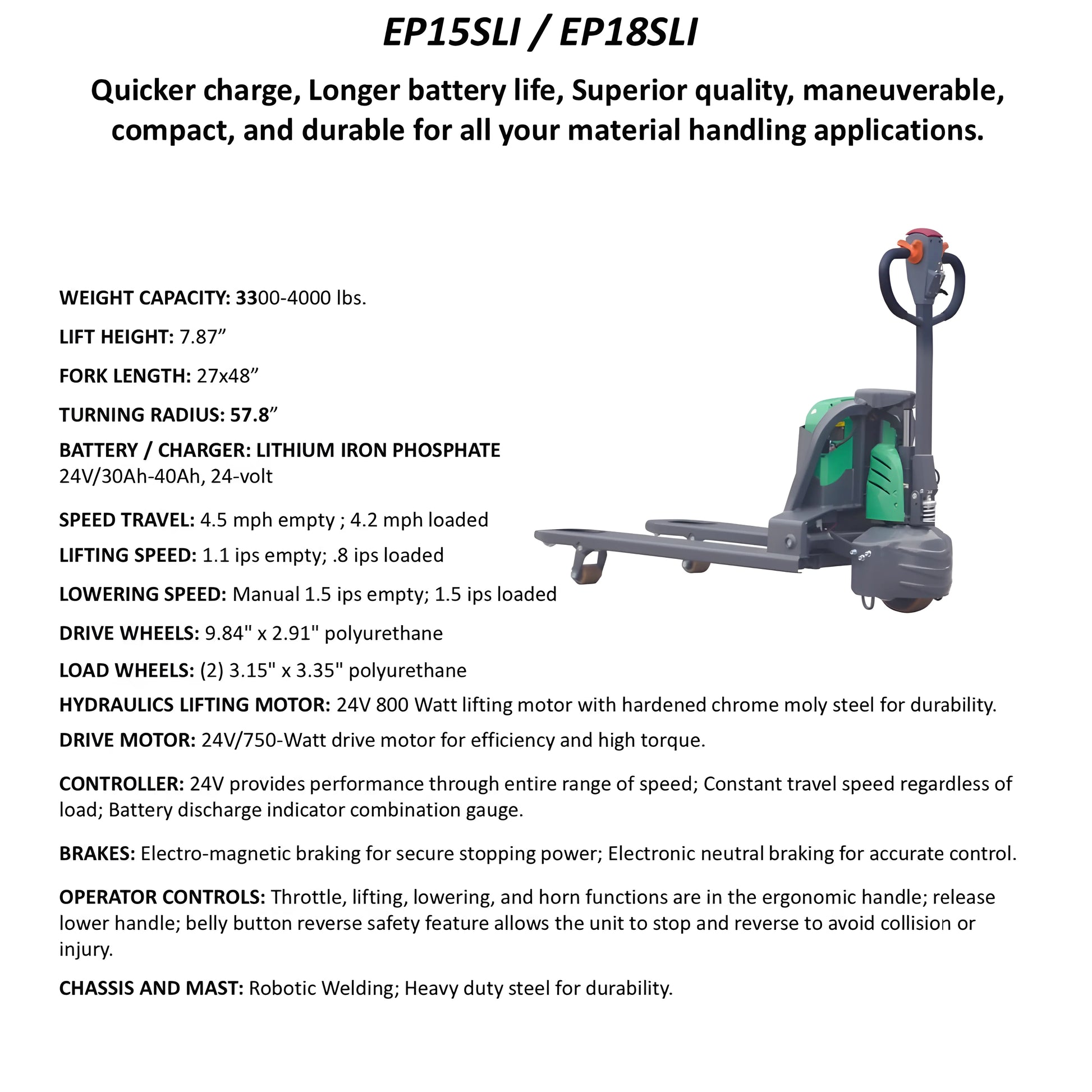 EKKO EP20Li electric pallet jack with ergonomic handle and durable chassis for material handling