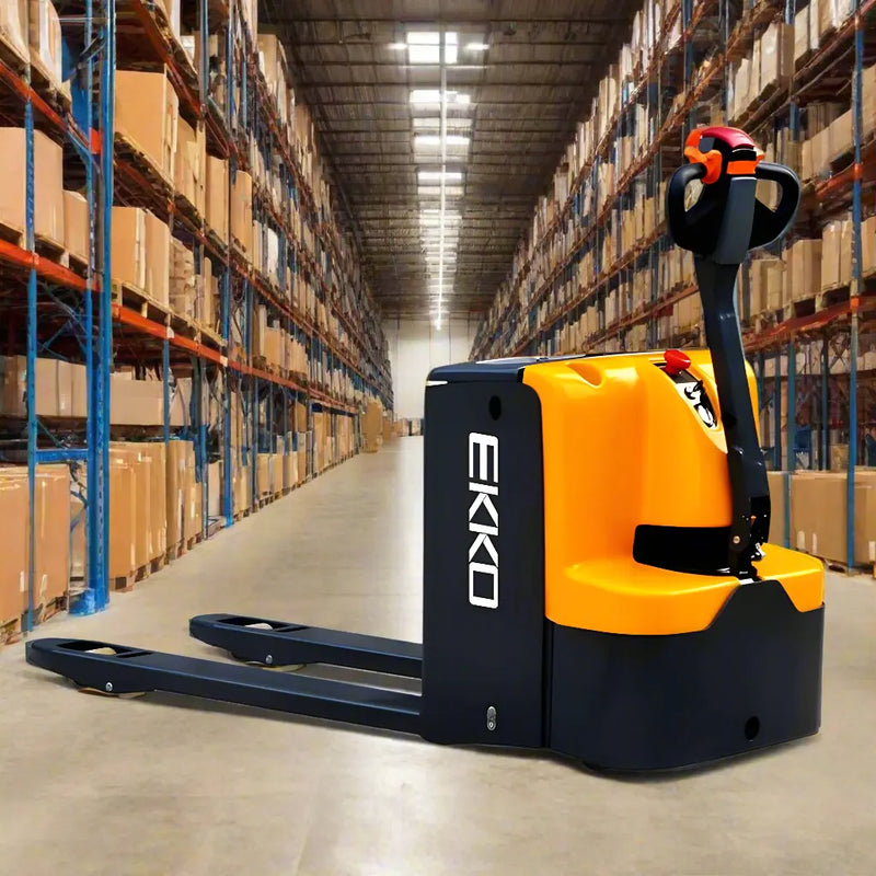 EKKO EP25E electric pallet jack in warehouse aisle with shelves stocked with boxes