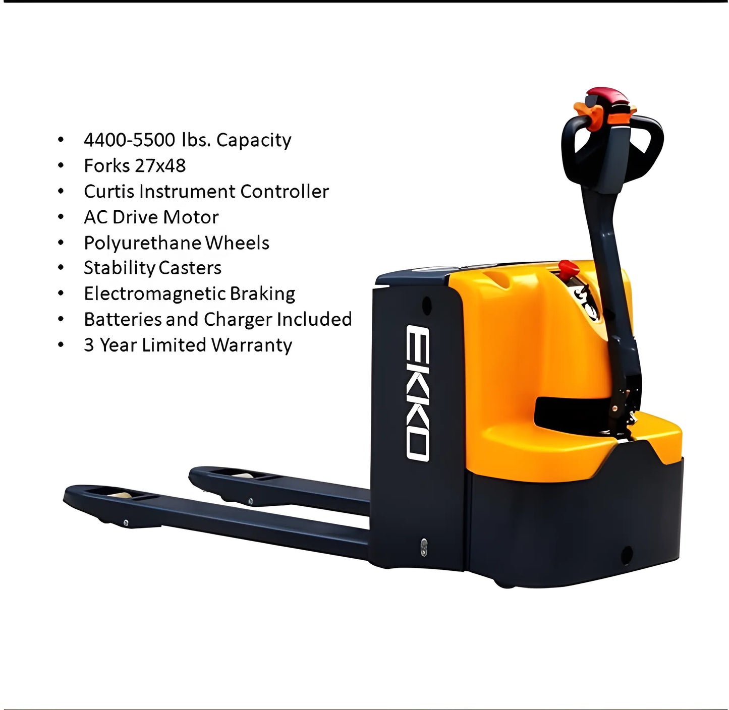 EKKO EP25E electric pallet jack with 4400-5500 lbs capacity and polyurethane wheels