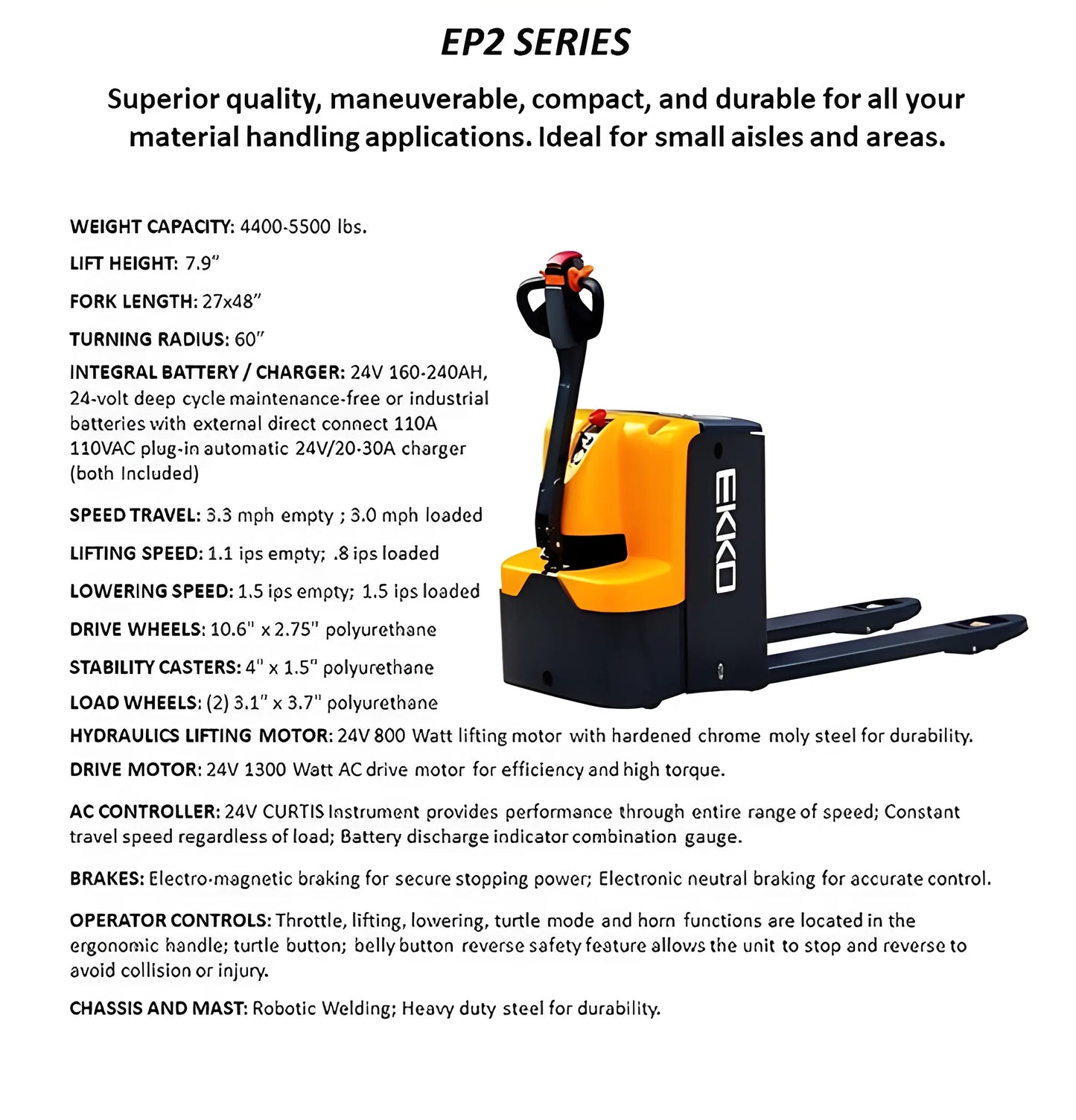 EKKO EP25E electric pallet jack with compact design and durable build for material handling