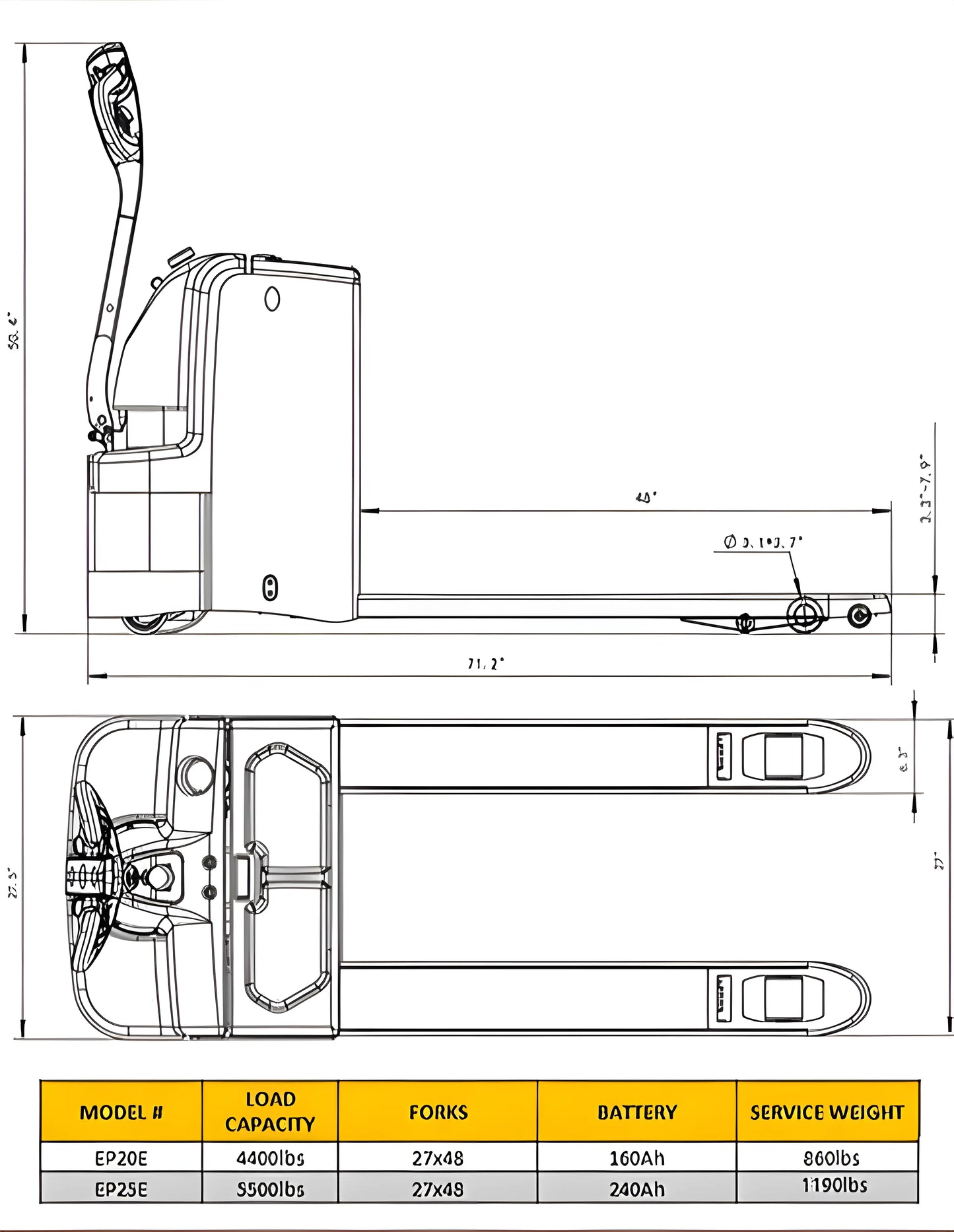 Technical drawing of EKKO EP25E electric pallet jack with dimensions and load capacity details