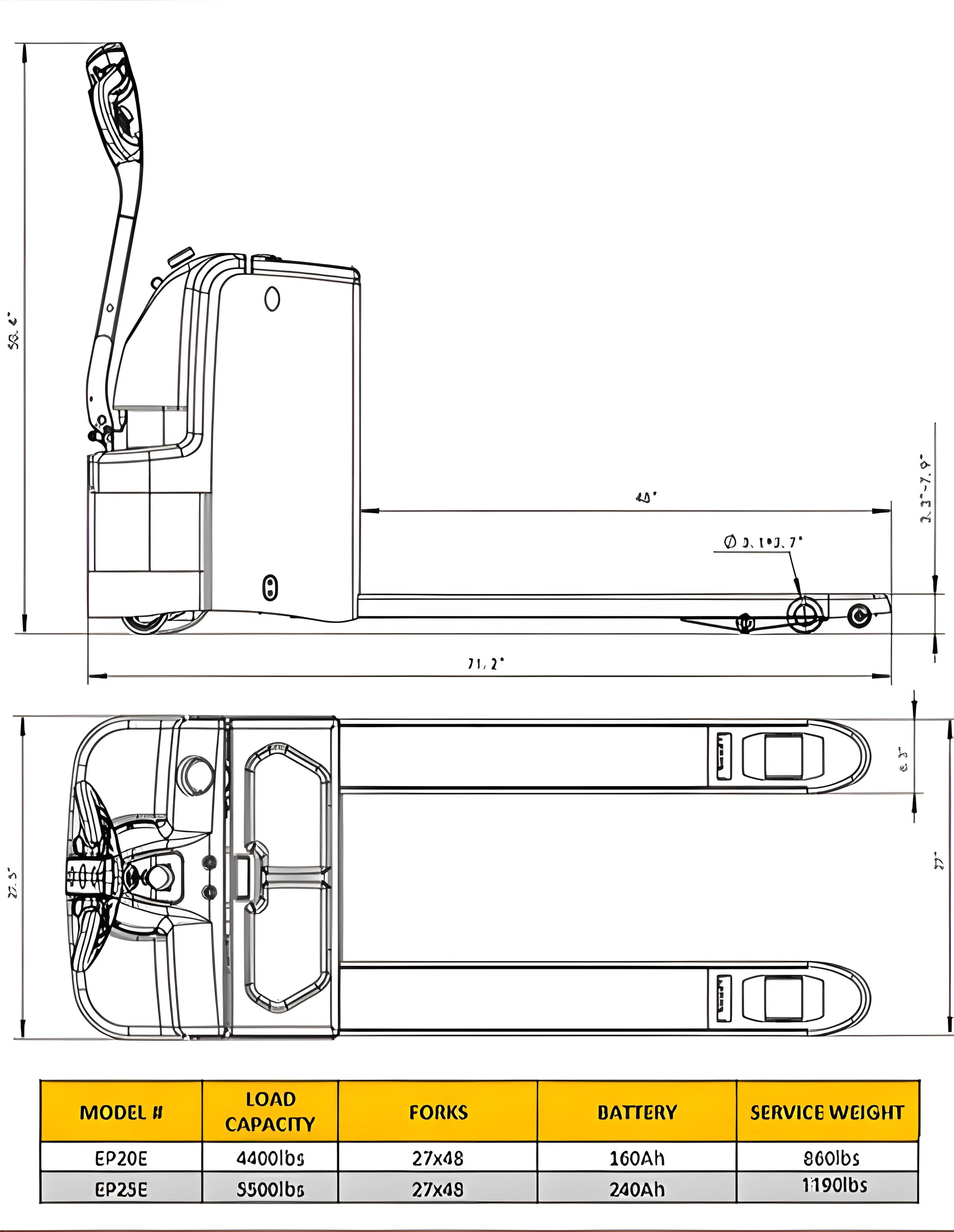 Technical drawing of EKKO EP25E electric pallet jack with dimensions and load capacity details