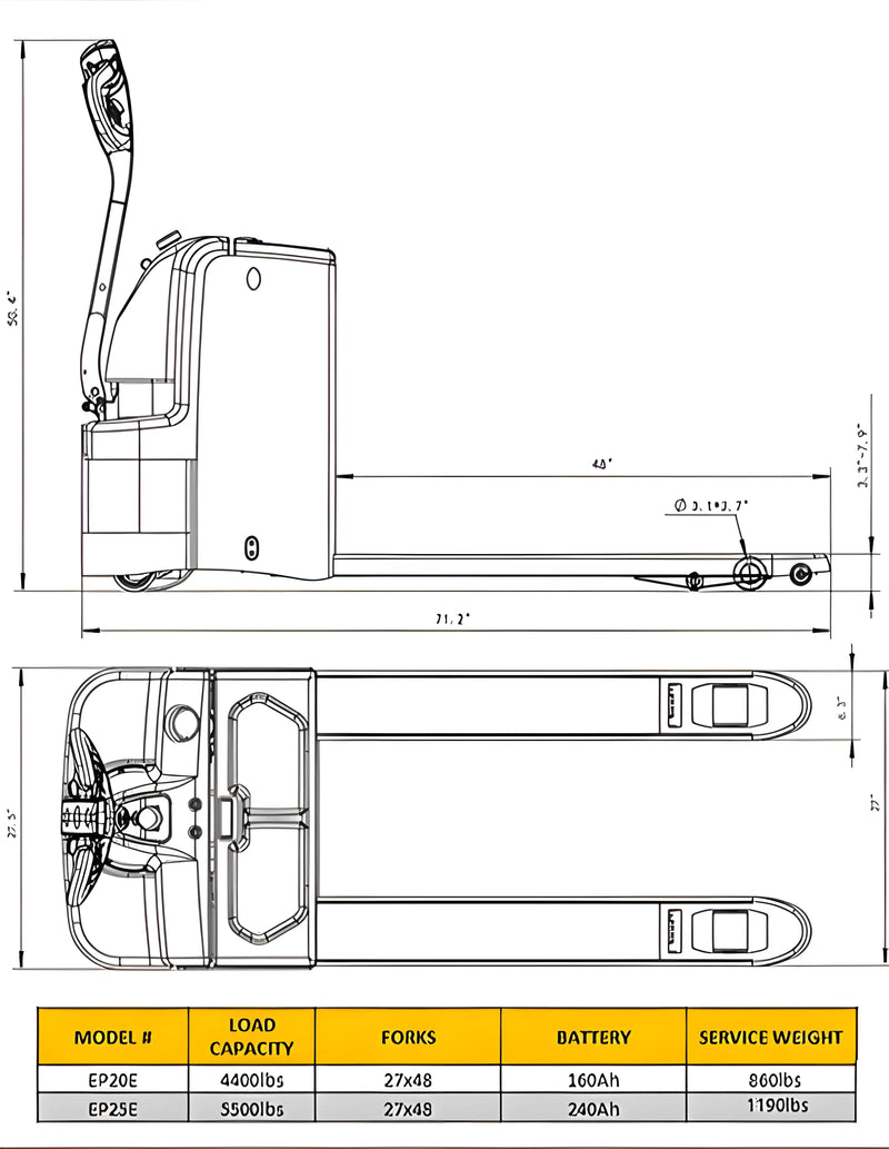 Technical drawing of EKKO EP25E electric pallet jack with dimensions and load capacity details