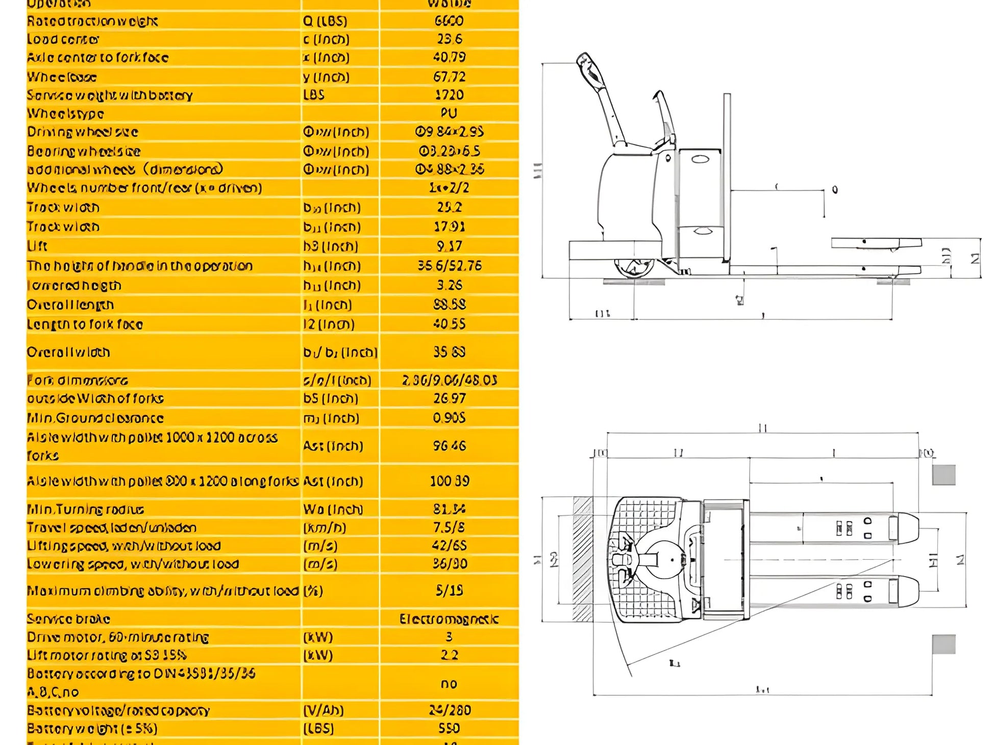 Technical specifications and dimensional drawings of EKKO EP30A electric pallet truck