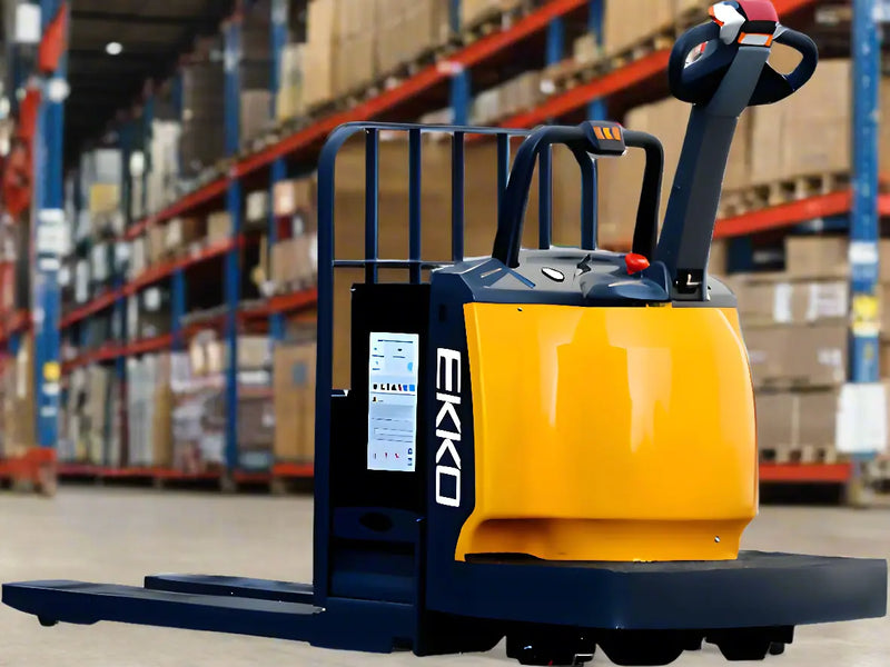 EKKO EP30A electric pallet jack in warehouse with yellow and black body for heavy lifting