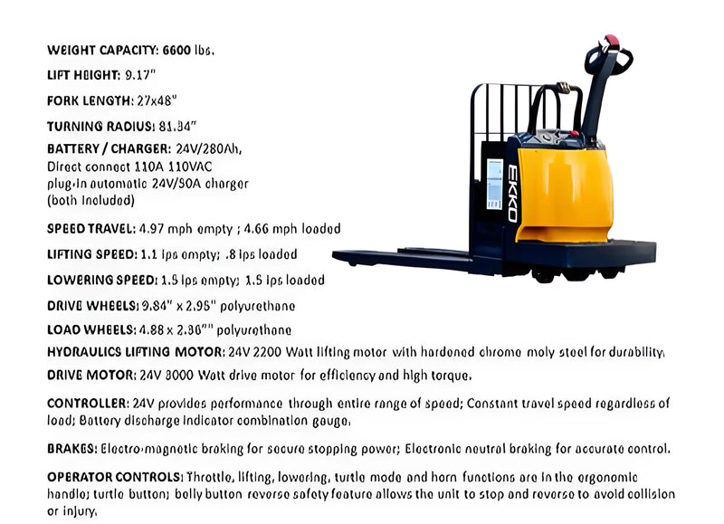 EKKO EP30A electric pallet jack with yellow body and ergonomic handle for efficient material handling