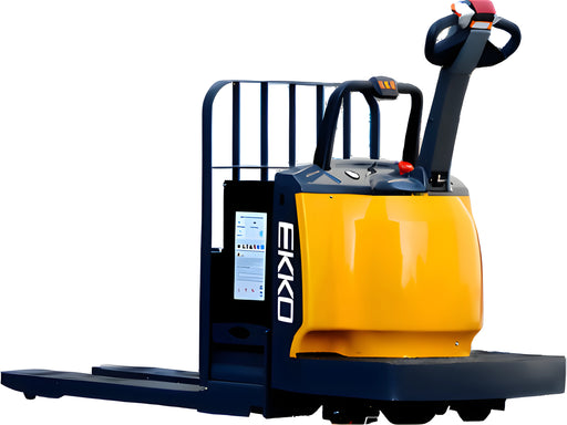 EKKO EP30A electric pallet truck in yellow and black with ergonomic handle and safety features