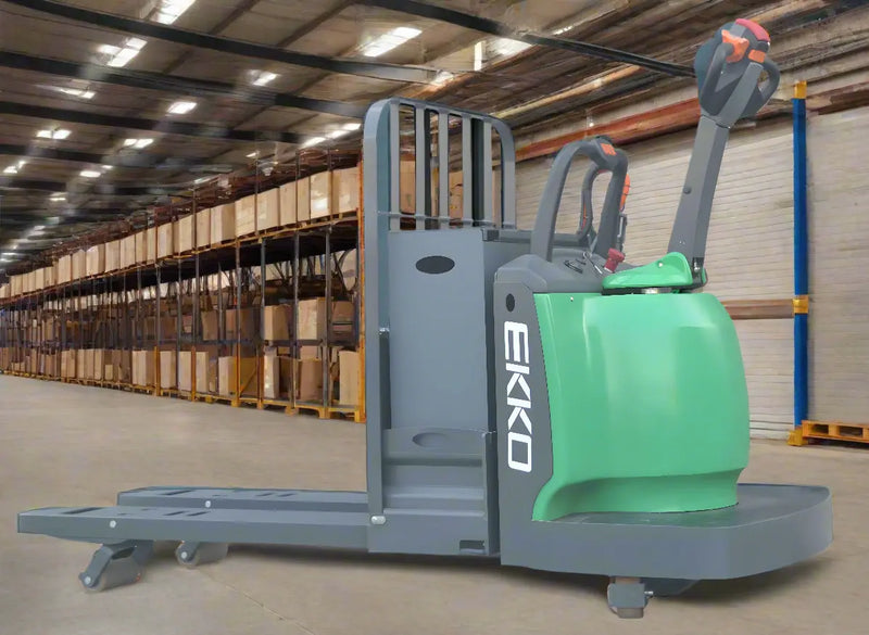 EKKO EP30A-LI electric pallet truck in warehouse with green and gray body for material handling