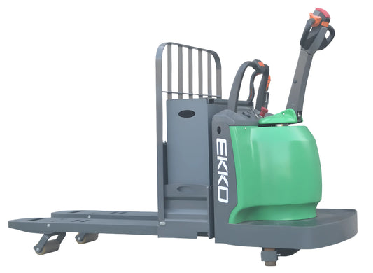 EKKO EP30A-LI electric pallet truck with green body and gray forks for warehouse use