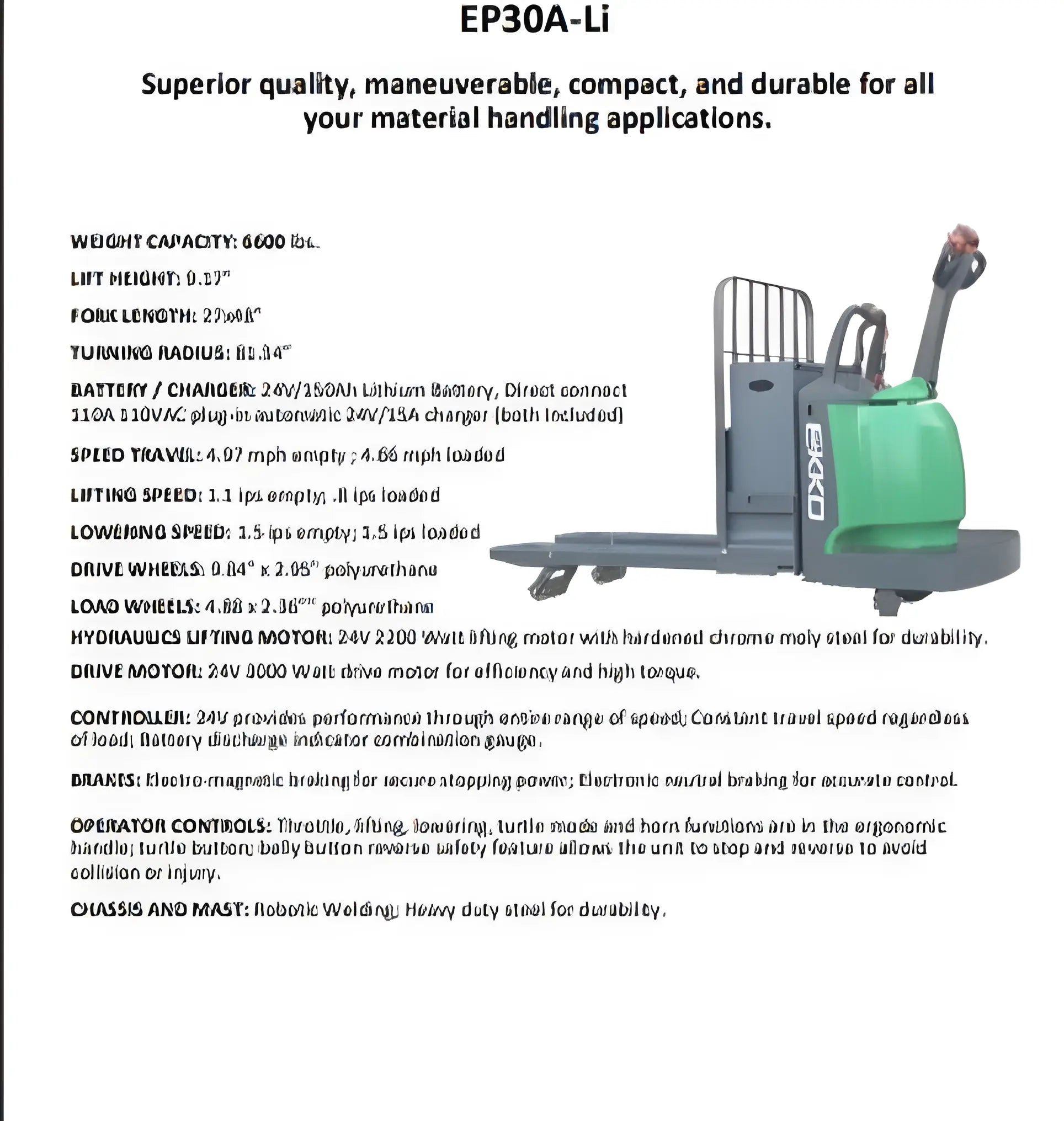EKKO EP30A-LI compact green electric pallet jack for material handling with ergonomic controls