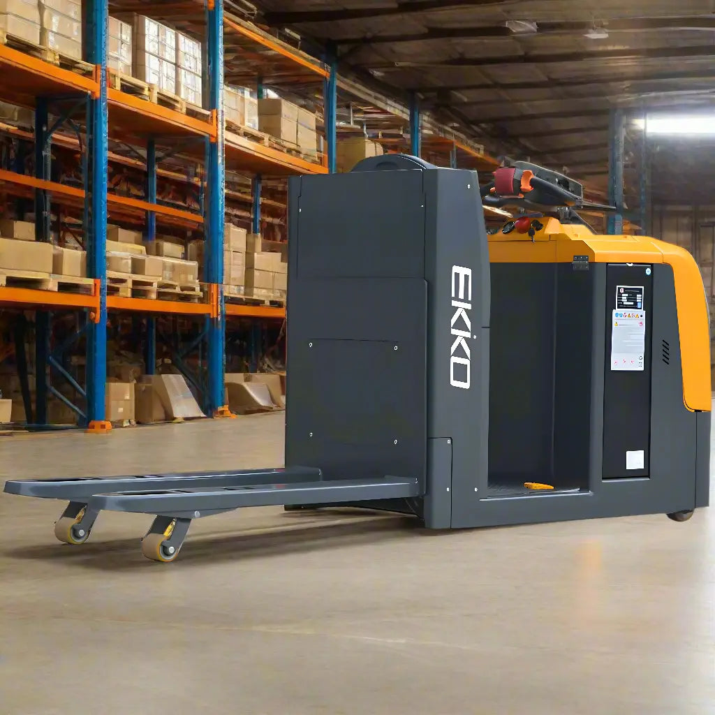 EKKO EPC30A electric pallet jack in warehouse with long forks and black yellow design