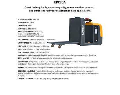 EKKO EPC30A electric pallet truck with compact design and durable construction for material handling