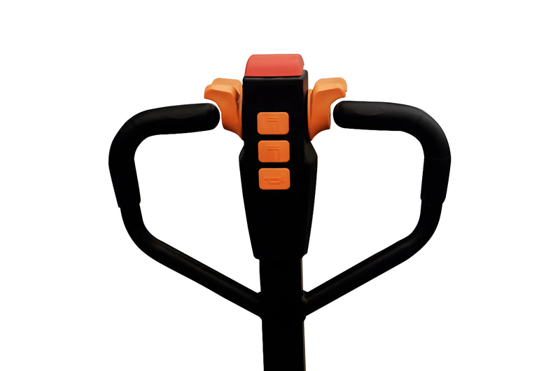 Control handle of EKKO EPF20Li electric pallet truck with orange and black buttons