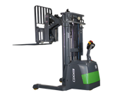 EKKO ER15-138Li electric pallet stacker with green and gray body and adjustable forks on black background