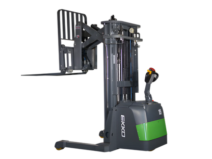 EKKO ER15-138Li electric pallet stacker with green and gray body and adjustable forks on black background