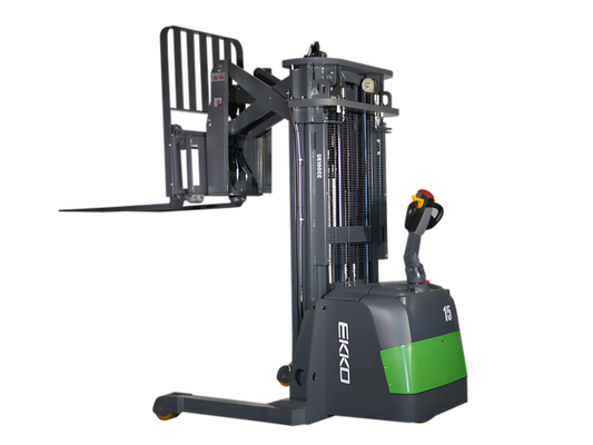 EKKO ER15-138Li electric pallet stacker with green and gray body and adjustable forks on black background