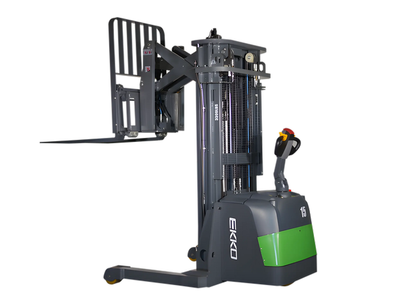 EKKO ER15-138Li electric pallet stacker with green and gray body and adjustable forks on black background