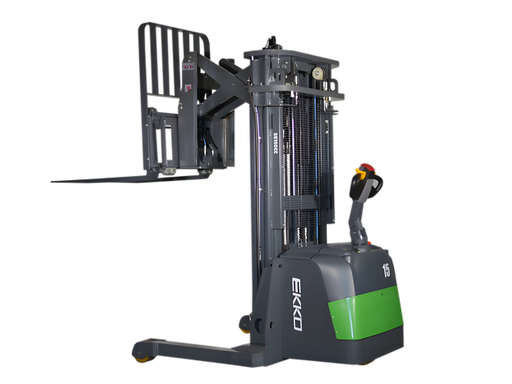 EKKO ER15-138Li electric pallet stacker with green and gray body and adjustable forks on black background