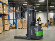 EKKO ER15-138Li electric forklift in warehouse with raised forks and stacked boxes