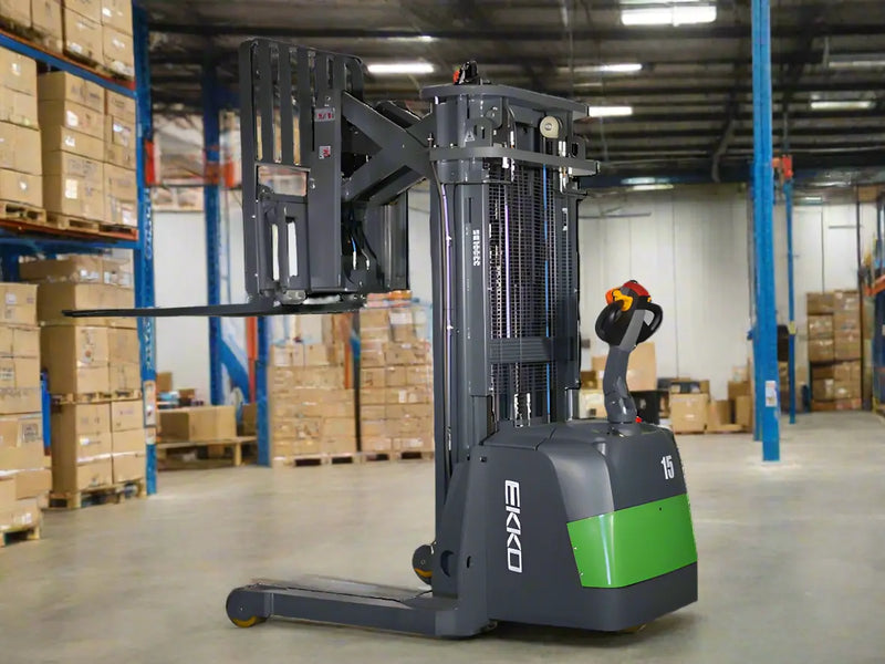 EKKO ER15-138Li electric forklift in warehouse with raised forks and stacked boxes