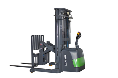 EKKO ER15-177Li electric pallet stacker with grey and green body for warehouse lifting tasks