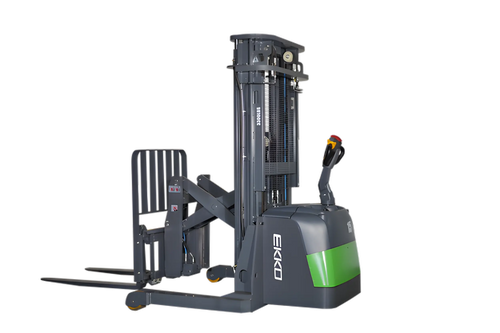 EKKO ER15-177Li electric pallet stacker with grey and green body for warehouse lifting tasks