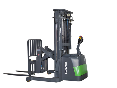 EKKO ER15-189Li electric pallet stacker with green and gray body and lifting forks