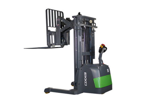 EKKO ER15-216Li electric forklift with green and gray body and extended lifting forks