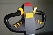 Close-up of EKKO ER15-216Li electric pallet truck handle with control buttons in black and yellow