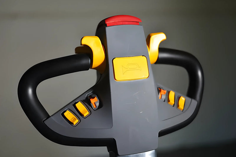 Close-up of EKKO ER15-216Li electric pallet truck handle with control buttons in black and yellow