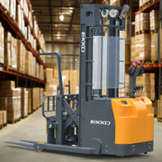 EKKO ER15 electric pallet stacker in warehouse with orange and black body for efficient material handling