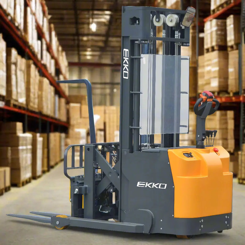 EKKO ER15 electric pallet stacker in warehouse with orange and black body for efficient material handling