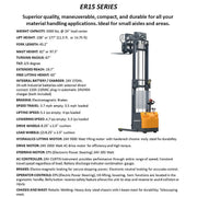 EKKO ER15 industrial forklift stacker in yellow and black with extended mast for material handling