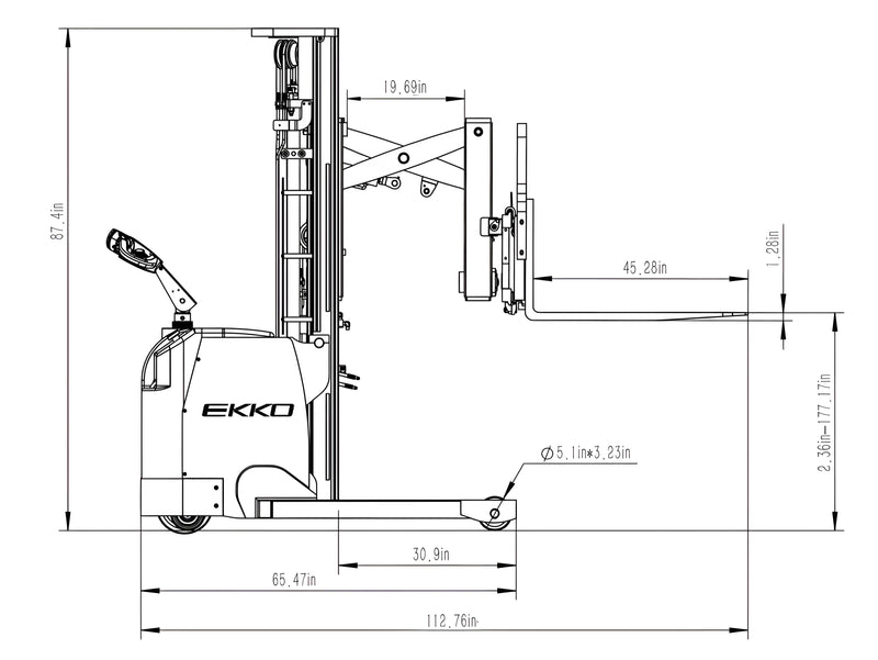 Technical drawing of EKKO ER15L electric forklift showing side dimensions and design details