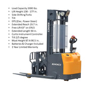 EKKO ER15L electric forklift with load capacity 3300 lbs and side shifting forks for efficient lifting