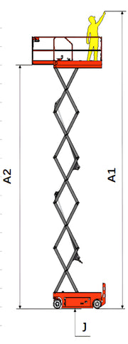 Diagram of EKKO ES100E-LI scissor lift showing extended height with worker on platform