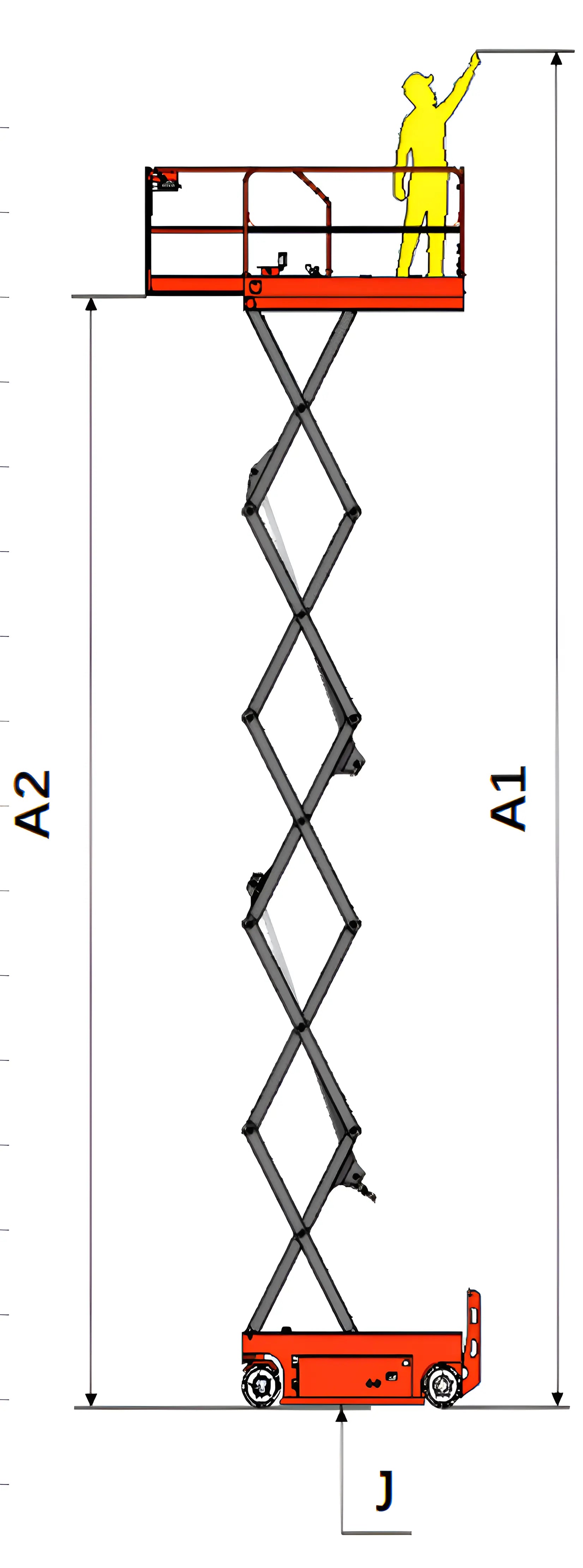 Diagram of EKKO ES100E-LI scissor lift showing extended height with worker on platform