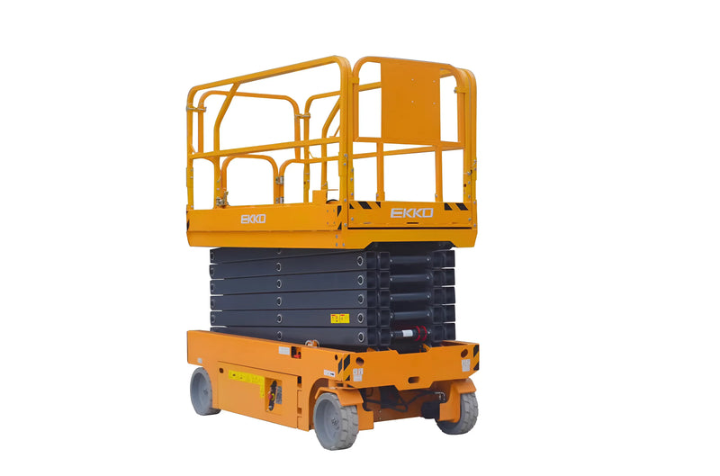 EKKO ES100E yellow electric scissor lift with safety railings and hydraulic platform