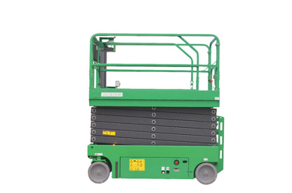 EKKO ES120E-LI green electric scissor lift platform with safety railings and compact wheels