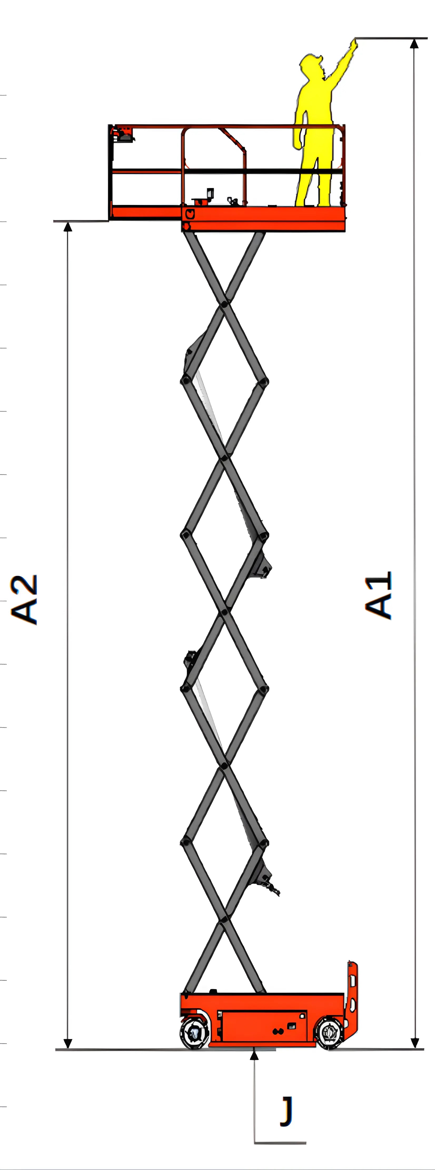 Diagram of EKKO ES120E scissor lift showing extended height with person standing on platform