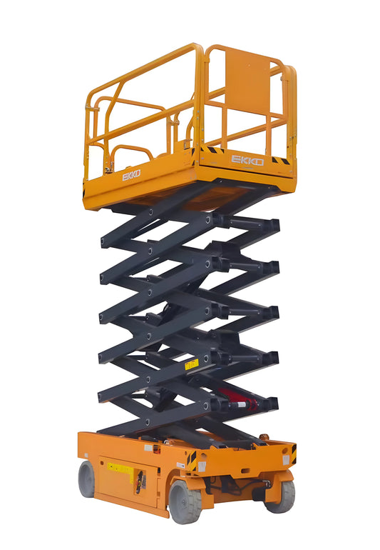 EKKO ES120E electric scissor lift with extended platform and safety rails in yellow