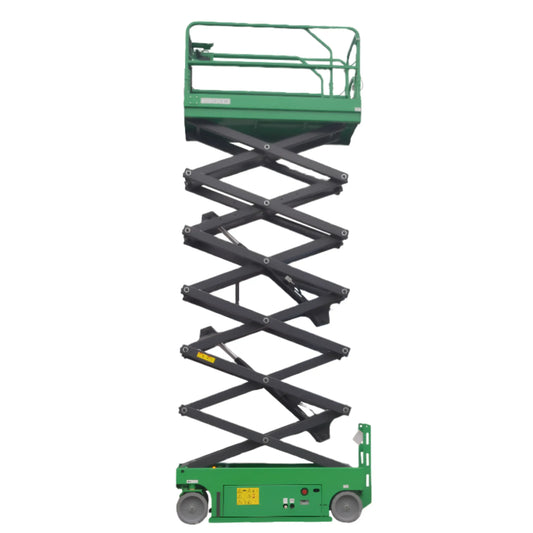 EKKO ES40E-LI electric scissor lift with extended platform and green base for elevated work