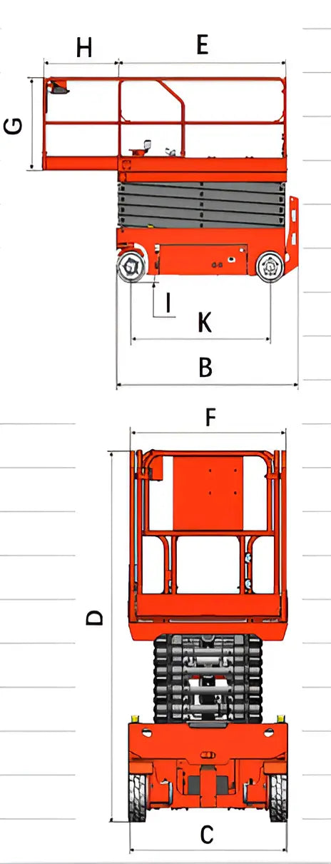 Technical drawing of the EKKO ES40E scissor lift showing side, front, and top views with dimensions