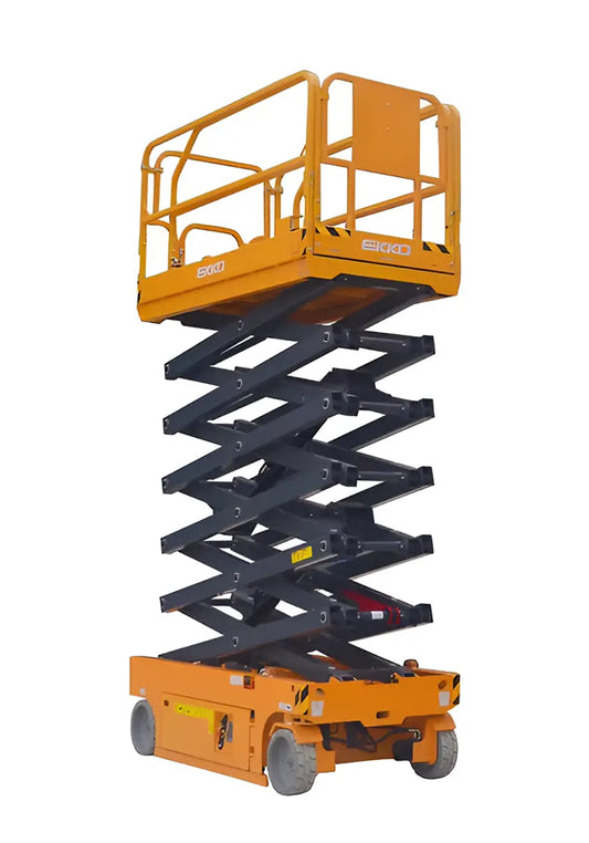 EKKO ES40E scissor lift with extended black scissor arms and yellow safety railing platform