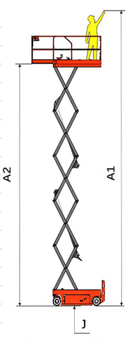 EKKO ES40E scissor lift with extended platform and safety rails lifting a worker