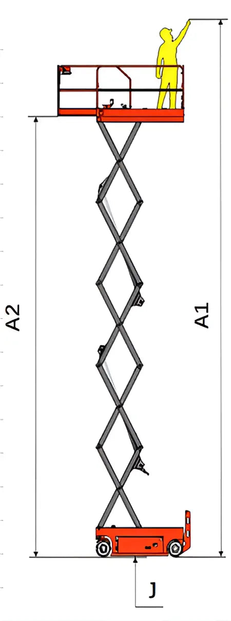 EKKO ES40E scissor lift with extended platform and safety rails lifting a worker