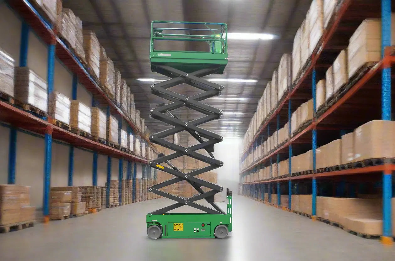 Green EKKO ES60E-LI electric scissor lift elevated in warehouse aisle between shelves