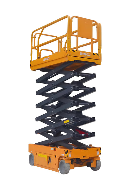 EKKO ES60E electric scissor lift with yellow platform and black scissor arms for elevated work