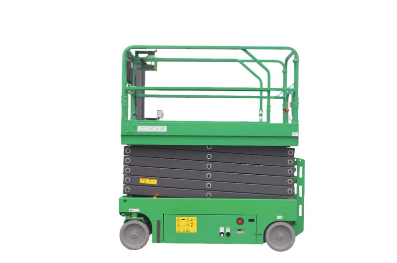 EKKO ES80E-LI green electric scissor lift with safety rails and compact base on white
